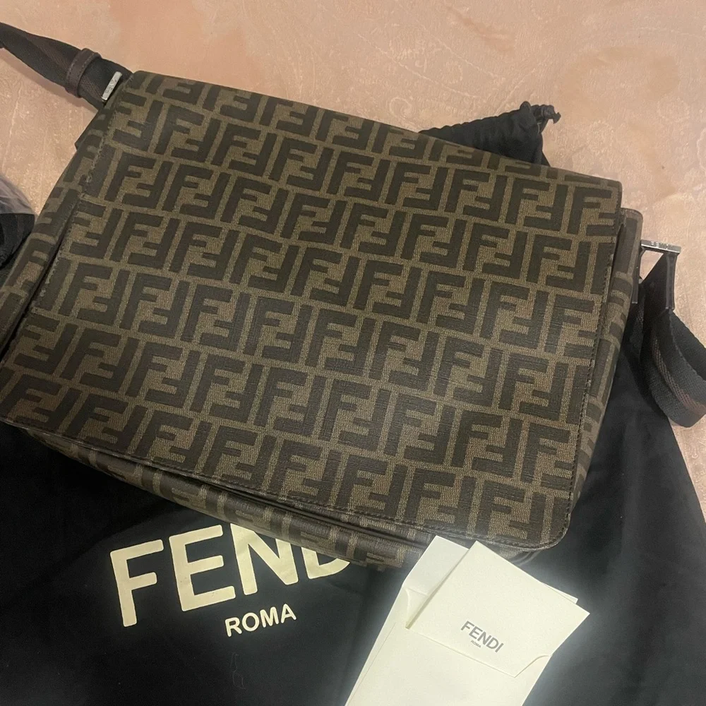 Fendi Mens Flap Messenger Bag Zucca Coated Canvas Medium